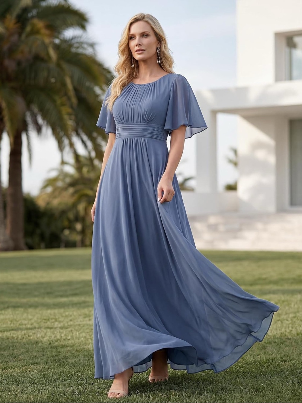 Elegant Slate Blue Maxi Dress with Flutter Sleeves